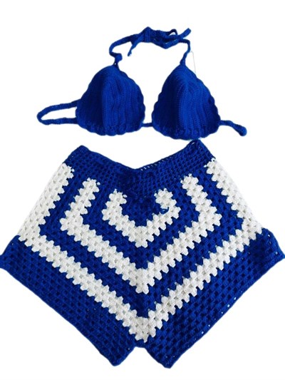 DEEP BEACH Mavi Beyaz el örgüsü bikini short takım MAVİ S/M