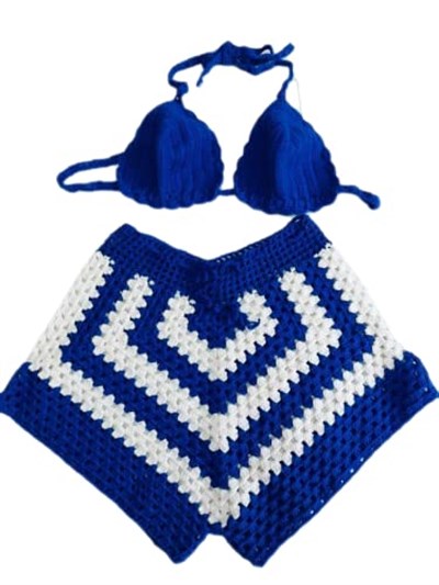 DEEP BEACH Mavi Beyaz el örgüsü bikini short takım MAVİ S/M