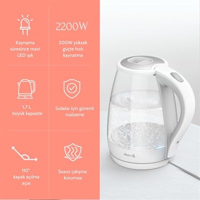 Deerma Sh30W 1,7Lt Mavi Işıklı Cam Kettle & Su Isıtıcı