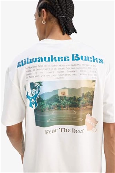 DeFacto Erkek DeFactoFit NBA Milwaukee Bucks Oversize Fit Bisiklet Yaka %100 Pamuk Tişört