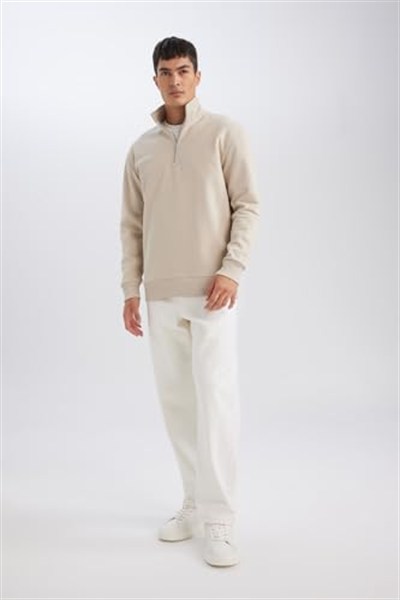DeFacto Gri 3 İplik Pamuklu Şardonlu İçi Polarlı Comfort Regular Fit Rahat Kalıp Dik Yaka Fermuarlı Kalın Sweatshirt