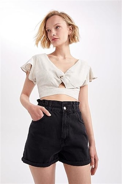DeFacto Kadın Basic V Yaka Fırfırlı Kol Detaylı Keten Karışımlı Crop Bluz