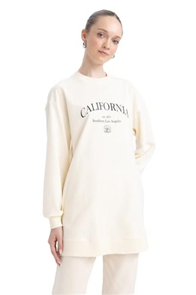 DeFacto Kadın Regular Fit Bisiklet Yaka Baskılı Sweatshirt Tunik