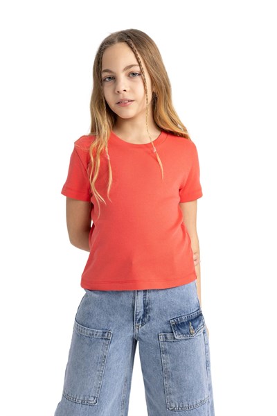 DeFacto Kız Çocuk Slim Fit Ribana Kısa Kollu Tişört Kırmızı 9/10 Yaş