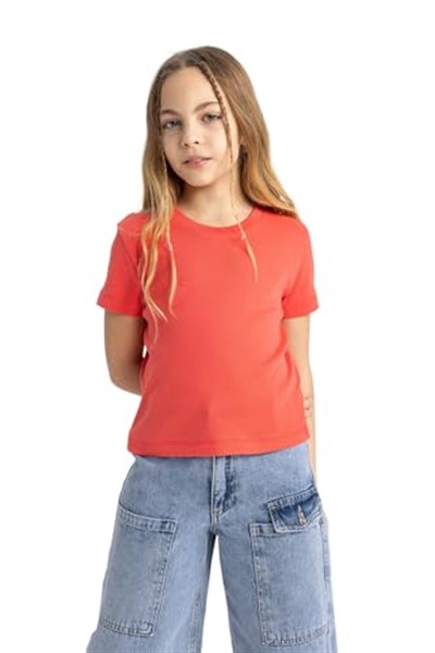 DeFacto Kız Çocuk Slim Fit Ribana Kısa Kollu Tişört Kırmızı 9/10 Yaş