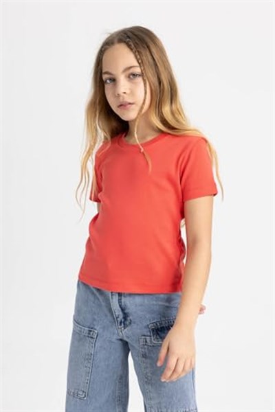 DeFacto Kız Çocuk Slim Fit Ribana Kısa Kollu Tişört Kırmızı 9/10 Yaş