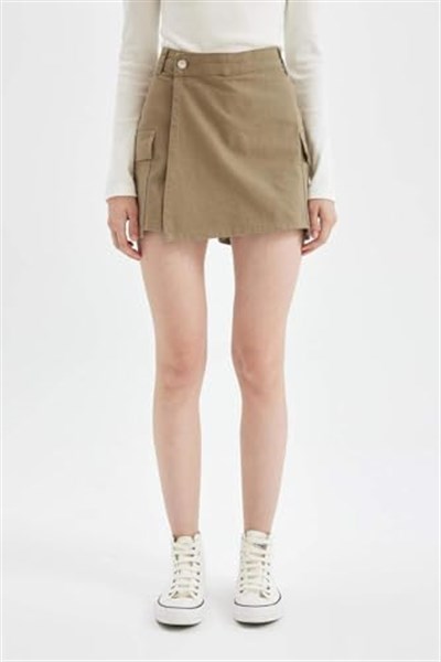 DeFacto Regular Fit Normal Bel Kargo Cepli Gabardin Şort Etek, 36, D4991AX24AU, Haki-KH474, Kadın