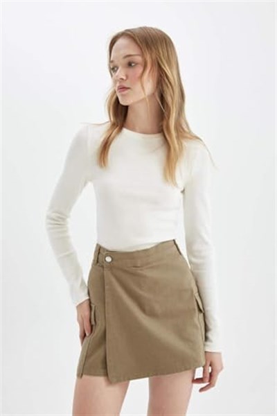 DeFacto Regular Fit Normal Bel Kargo Cepli Gabardin Şort Etek, 36, D4991AX24AU, Haki-KH474, Kadın