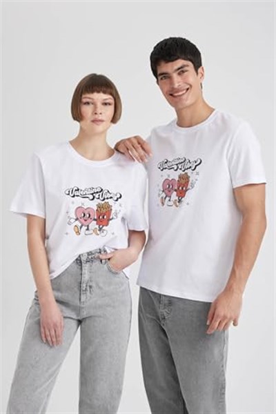 DeFacto Sevgililer Günü Unisex Kısa Kollu T-Shirt Üniseks Yetişkin Beyaz