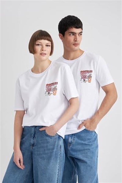 DeFacto Sevgililer Günü Unisex Kısa Kollu T-Shirt Üniseks Yetişkin Beyaz