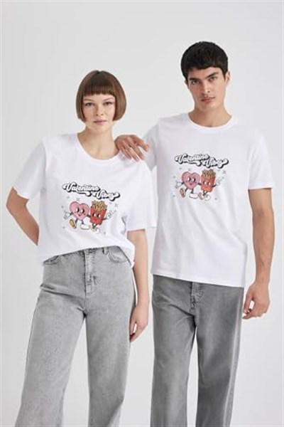 DeFacto Sevgililer Günü Unisex Kısa Kollu T-Shirt Üniseks Yetişkin Beyaz