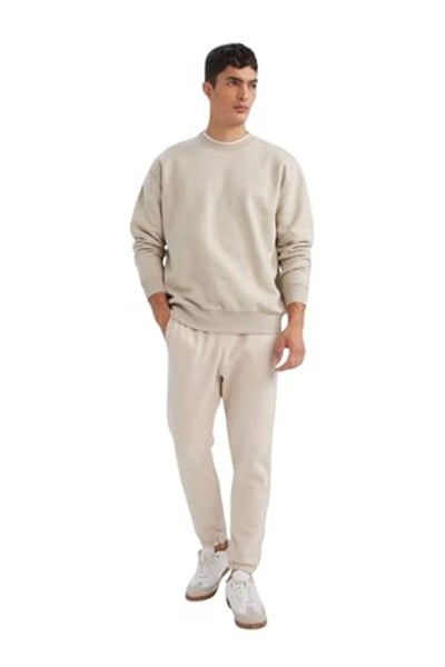 DeFacto Standart Fit Beli Bağcıklı Lastikli Paça Cepli Basic Düz Jogger Eşofman Altı Bej XXL