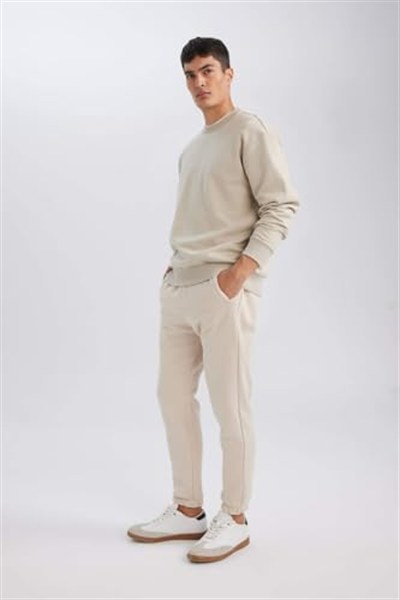 DeFacto Standart Fit Beli Bağcıklı Lastikli Paça Cepli Basic Düz Jogger Eşofman Altı Bej XXL