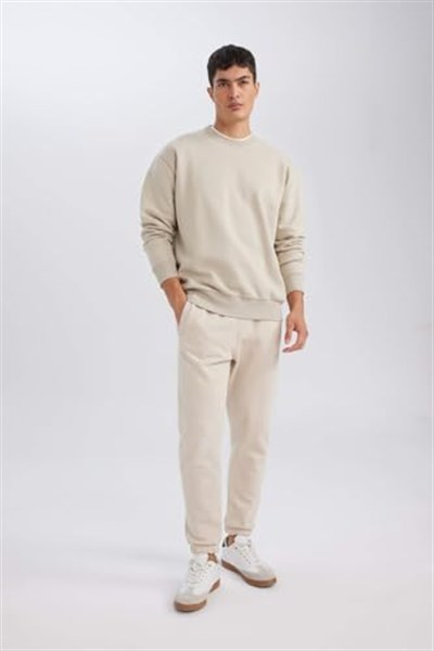 DeFacto Standart Fit Beli Bağcıklı Lastikli Paça Cepli Basic Düz Jogger Eşofman Altı Bej XXL