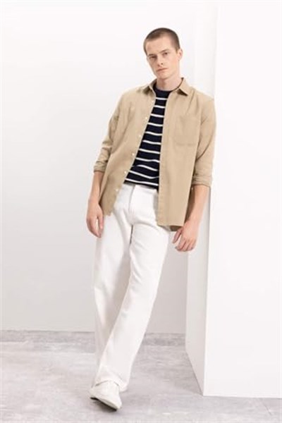 DeFacto%100 Pamuk Regular Fit Düğmeli Basic Düz Gabardin Uzun Kollu Gömlek, L, A5383AX24AU, Bej-BG801, Erkek