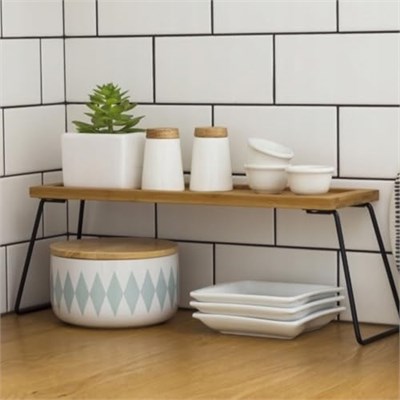 Dekoratif Mutfak Banyo Rafı, Bambu ve Metal, 36x12x15 cm, Düzenleyici Raf Sunum Standı Dekoratif Mutfak Standı