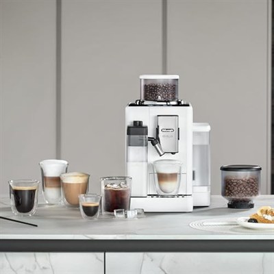 DeLonghi Rivelia EXAM440.55.W, Tam Otomatik LatteCrema Kahve Makinesi, Otomatik Süt Köpürtücü, Kompakt Boyut, Fasulyeden Bardağa Kahve Makinesi, 16 Tarif Renkli Dokunmatik Ekran, Kutup Beyazı