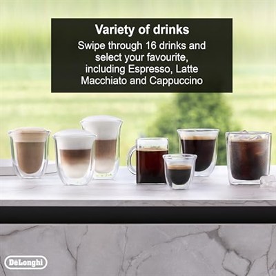 DeLonghi Rivelia EXAM440.55.W, Tam Otomatik LatteCrema Kahve Makinesi, Otomatik Süt Köpürtücü, Kompakt Boyut, Fasulyeden Bardağa Kahve Makinesi, 16 Tarif Renkli Dokunmatik Ekran, Kutup Beyazı