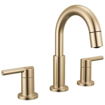 Delta Nicoli Fırçalı Altın Püskürtücülü Banyo Bataryası, 20 cm 3 Delikli Yaygın Banyo Lavabo Bataryası Pull Out Püskürtücü, Push-Pop Tahliye, Şampanya Bronz 35749LF-CZPD