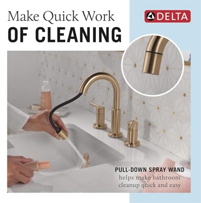 Delta Nicoli Fırçalı Altın Püskürtücülü Banyo Bataryası, 20 cm 3 Delikli Yaygın Banyo Lavabo Bataryası Pull Out Püskürtücü, Push-Pop Tahliye, Şampanya Bronz 35749LF-CZPD