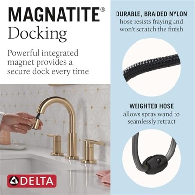 Delta Nicoli Fırçalı Altın Püskürtücülü Banyo Bataryası, 20 cm 3 Delikli Yaygın Banyo Lavabo Bataryası Pull Out Püskürtücü, Push-Pop Tahliye, Şampanya Bronz 35749LF-CZPD