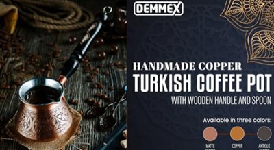 DEMMEX 2 mm Kalın Bakır Türk Yunan Arap Kahve Demliği Oyulmuş Ocak Üstü Kahve Makinesi Cezve Ibrik Briki, Ahşap Saplı ve Kaşıklı, 3 Kişilik (Mat Bakır)