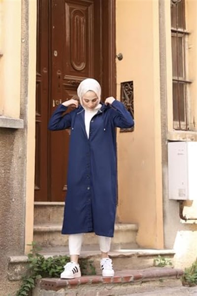 Denim Kapşonlu Kap- Denin Pardesü-Lacivert
