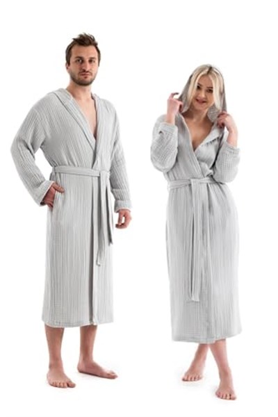 DENİZLİ CONCEPT Unisex Kapşonlu 4 Kat Müslin Bornoz (Gri, XXL)