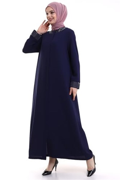 Derin Store Yaka ve Kol Taşlı Tesettür Ferace 23300-23 İndigo