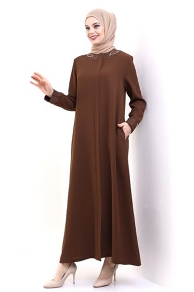 Derin Store Yaka ve Kol Taşlı Tesettür Ferace 23300-23 Toprak