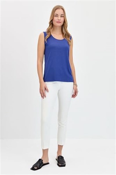 Desen Triko Kadın Sıfır Yaka Flamlı Kumaş Basic Askılı T-Shirt 24086 Indigo