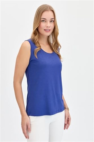 Desen Triko Kadın Sıfır Yaka Flamlı Kumaş Basic Askılı T-Shirt 24086 Indigo