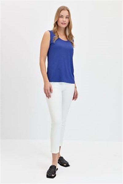 Desen Triko Kadın Sıfır Yaka Flamlı Kumaş Basic Askılı T-Shirt 24086 Indigo