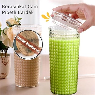 Desenli Borosilikat Pipetli Cam Bardak, 550 ml, Kapaklı ve Pipetli, Soğuk İçecekler İçin Kupa Mug