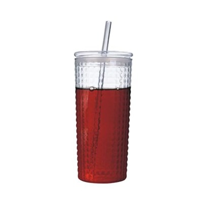 Desenli Borosilikat Pipetli Cam Bardak, 550 ml, Kapaklı ve Pipetli, Soğuk İçecekler İçin Kupa Mug