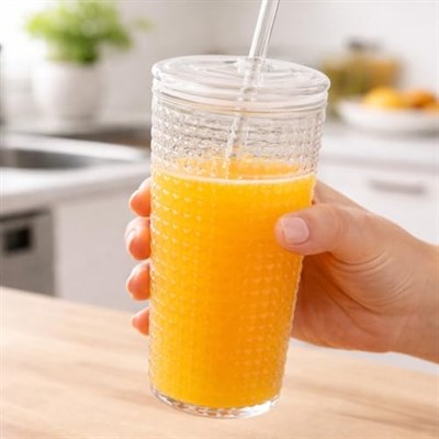 Desenli Borosilikat Pipetli Cam Bardak, 550 ml, Kapaklı ve Pipetli, Soğuk İçecekler İçin Kupa Mug