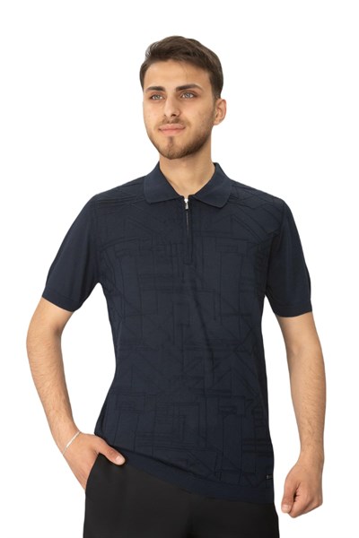 DESENLI POLO YAKA FERMUARLI TRIKO TSHIRT LACİVERT