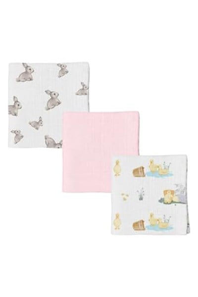 DEUX LAPINS% 100 Pamuk 3lü Müslin Bebek Örtüsü Iconıque Lapin & Petits Canetons & Innocent Pink 100x100 THROW3PACK1004