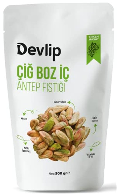 Devlip Erken Hasat (Boz) Çiğ İç Antep Fıstığı, 500 GR, Kilitli (Aç-Kapa) Ambalaj, Vegan