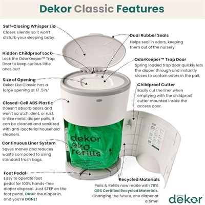 Diaper Dekor EKO Classic Bebek Bezi Kovası, Beyaz | SADECE Çevre Dostu Bebek Bezi Kovası%70 Geri Dönüştürülmüş Malzemelerden Yapılmıştır | Eller Serbest: Adım Bırakma - Tamamlandı | Uygun Maliyetli
