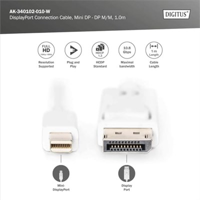 Digitus Assmann AK-340102-020-W Displayport Bağlantı Kablosu, Mini Dp - Dp M/M, 2.0M, W/Ara Kilit, Dp 1.1 - Seçenekler: 4K/60Hz - mini DPden DPye, 2 m, 5 m