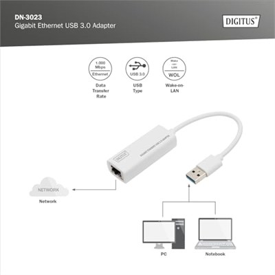 Digitus DN-3023 Usb 3.0 - Gigabit Ethernet Adaptör Usb-A Konnektör, 10/100/1000 Mbps, Usb 3.0, Xp, Vista,7,8, Mac Os X, Linux - Seçenekler: USB 3.0 - Gigabit Ethernet 1 GBit/s...