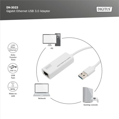 Digitus DN-3023 Usb 3.0 - Gigabit Ethernet Adaptör Usb-A Konnektör, 10/100/1000 Mbps, Usb 3.0, Xp, Vista,7,8, Mac Os X, Linux - Seçenekler: USB 3.0 - Gigabit Ethernet 1 GBit/s...