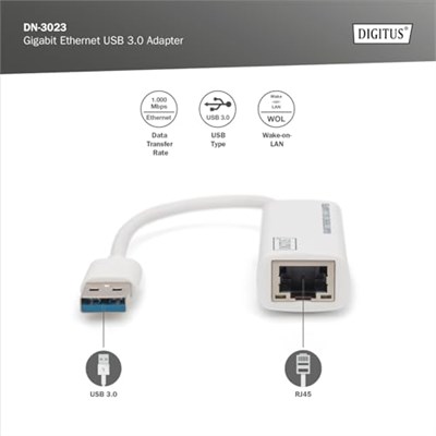 Digitus DN-3023 Usb 3.0 - Gigabit Ethernet Adaptör Usb-A Konnektör, 10/100/1000 Mbps, Usb 3.0, Xp, Vista,7,8, Mac Os X, Linux - Seçenekler: USB 3.0 - Gigabit Ethernet 1 GBit/s...