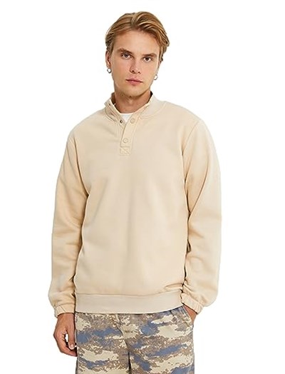 Dik Yaka Sweatshirt Çıtçıt Düğme Detaylı Uzun Kollu Şardonlu
