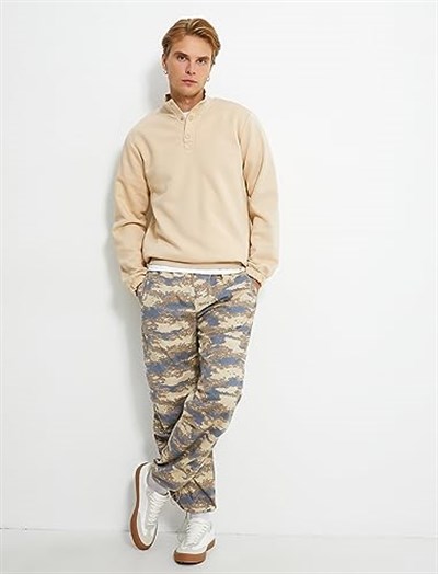 Dik Yaka Sweatshirt Çıtçıt Düğme Detaylı Uzun Kollu Şardonlu