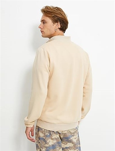 Dik Yaka Sweatshirt Çıtçıt Düğme Detaylı Uzun Kollu Şardonlu