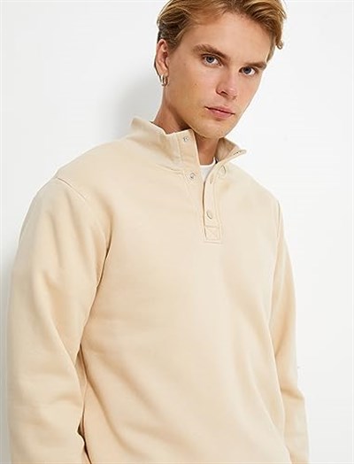 Dik Yaka Sweatshirt Çıtçıt Düğme Detaylı Uzun Kollu Şardonlu
