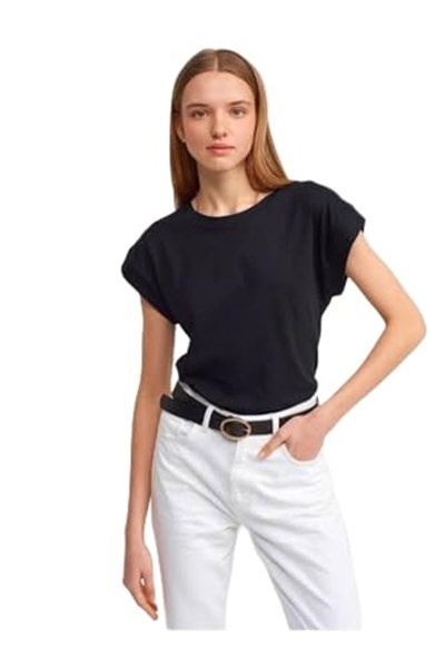 DILVIN Bisiklet Yaka Penye T-Shirt Kadın Yazlık Günlük Basic Kısa Kollu Düz Kesim Tişört