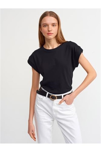 DILVIN Bisiklet Yaka Penye T-Shirt Kadın Yazlık Günlük Basic Kısa Kollu Düz Kesim Tişört